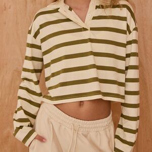 Pretty Little Thing Sage Green Striped Cotton Polo Collar Long Sleeve Crop Top